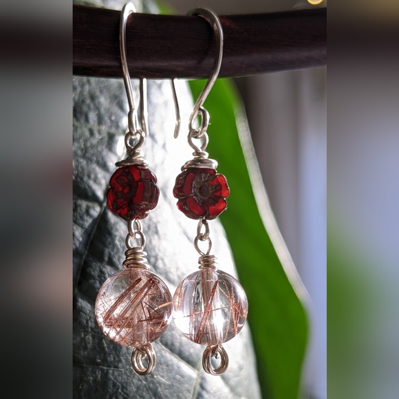 Artisan Sterling Silver Earrings Vibrant Red Flowers And Rutile Quartz Gems - Picture 13 of 14